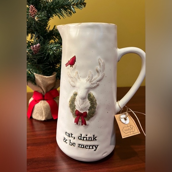 MUD PIE Christmas Pitcher Eat Drink Be Merry Red Cardinal Wreath Reindeer Vase - Picture 5 of 5